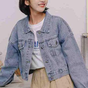 黑色蝙蝠袖短款牛仔外套女2020春秋新款韩版宽松bf港风学生夹克潮