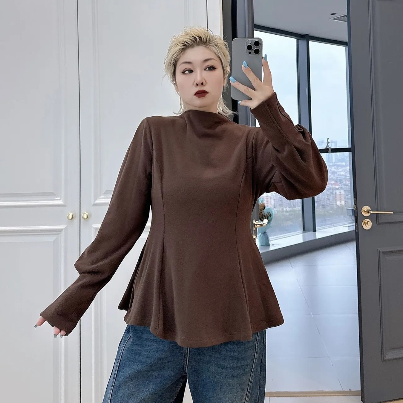 德绒设计感收腰半高领打底衫女秋冬大码显瘦遮肉修身内搭长袖上衣,女装/女士精品,大码内搭,淘宝优惠券,粉丝福利购,淘宝优惠卷