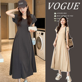 法式 裙子中长款 V领气质简约设计舒适减龄孕妇连衣裙 短袖 孕妇夏装