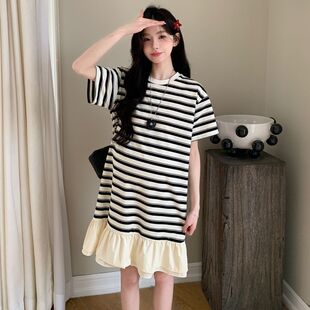 夏季新款小个子孕妇连衣裙慵懒风显瘦中长款宽松拼接条纹T恤裙子
