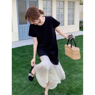 大码 夏拼接鱼尾摆连衣裙胖mm遮肉显瘦气质小黑裙 女装