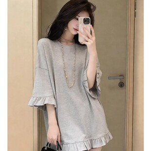 女装 气质半袖 灰色荷叶边袖 显瘦日常时尚 T恤 宽松T恤休闲中长款 大码
