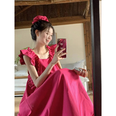 宽松显瘦长裙甜美海边夏季 气质玫红色小飞袖 方领连衣裙女夏季 裙子