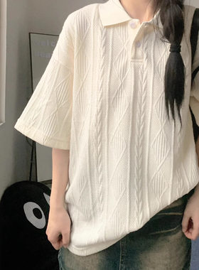 美式针织提花polo衫短袖t恤女夏季肌理感纯色短袖宽松上衣中长款