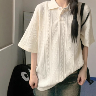 美式针织提花polo衫短袖t恤女夏季肌理感纯色短袖宽松上衣中长款