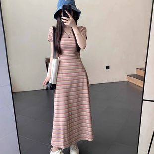 显瘦气质条纹彩色连衣裙女包臀裙 长款 修身 夏季 甜美减龄彩虹裙修身