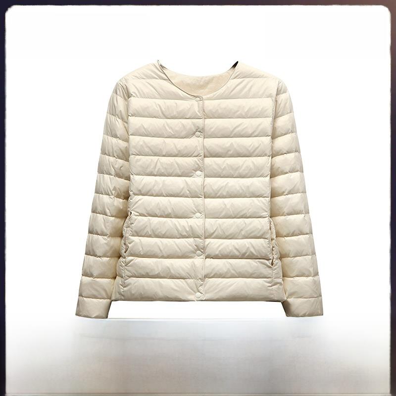 90白鹅绒轻便羽绒服女士温暖内修身加厚羽绒服衬里无领夹克冬天