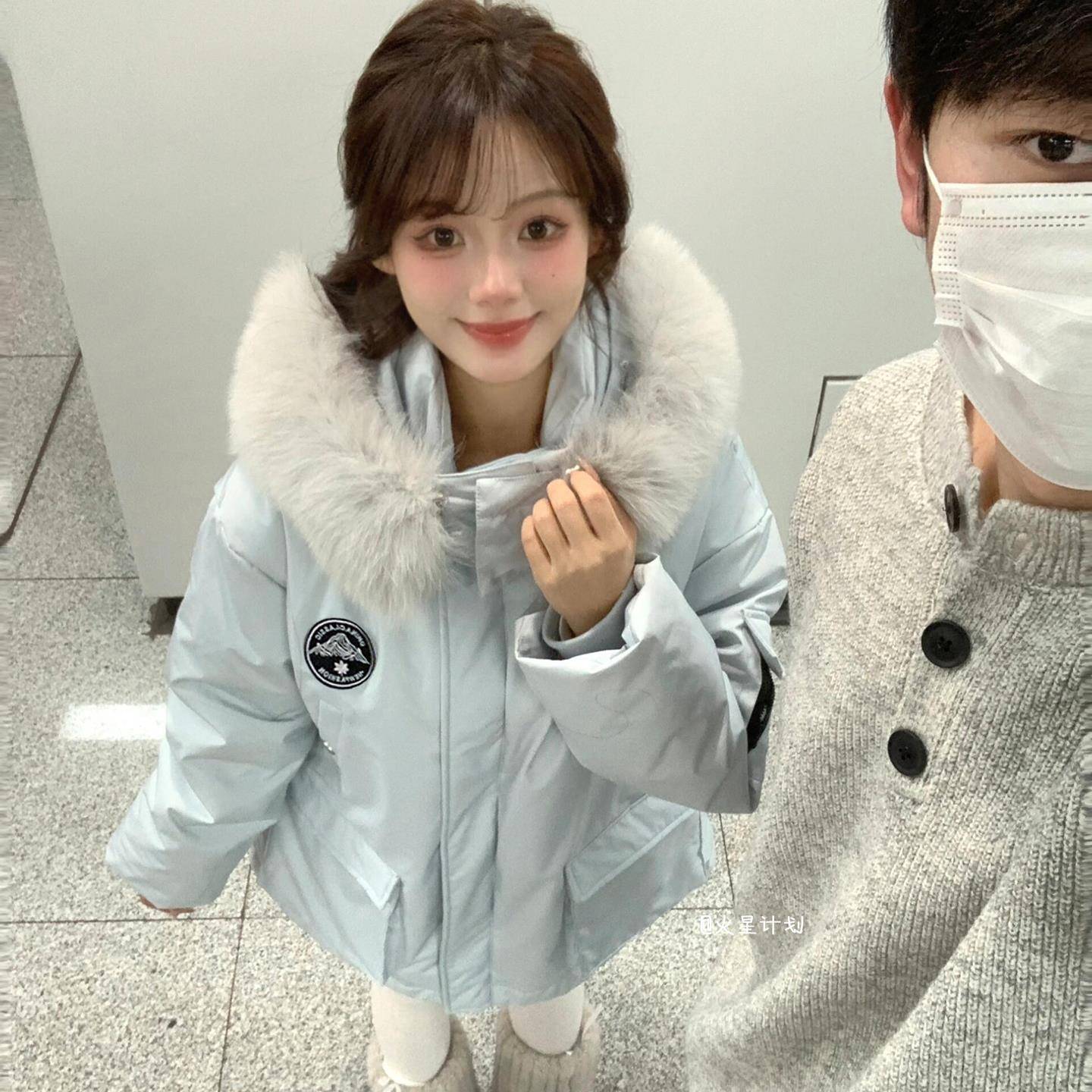 派克服外套2025新款高级感冰川蓝加绒加厚棉衣棉服女工装毛领棉袄