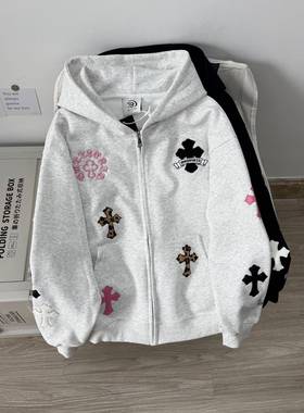 Nuneon美式街头潮牌十字架开衫拉炼外套秋冬宽松连帽加绒卫衣男女