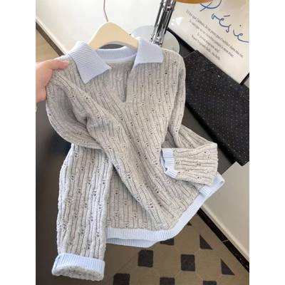 韩系撞色翻领长袖针织衫女2025秋冬季新款宽松慵懒风软糯毛衣上衣