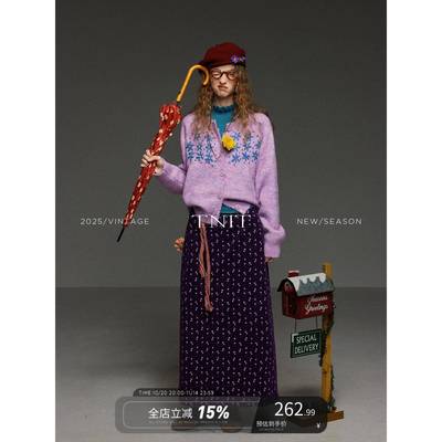 TNIT覆古紫色重工刺绣花朵圆领针织开衫女秋冬设计感毛衣外套上衣