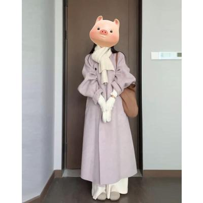 温柔紫色呢子大衣女2024年秋冬季新款毛呢外套高级感长款韩系气质