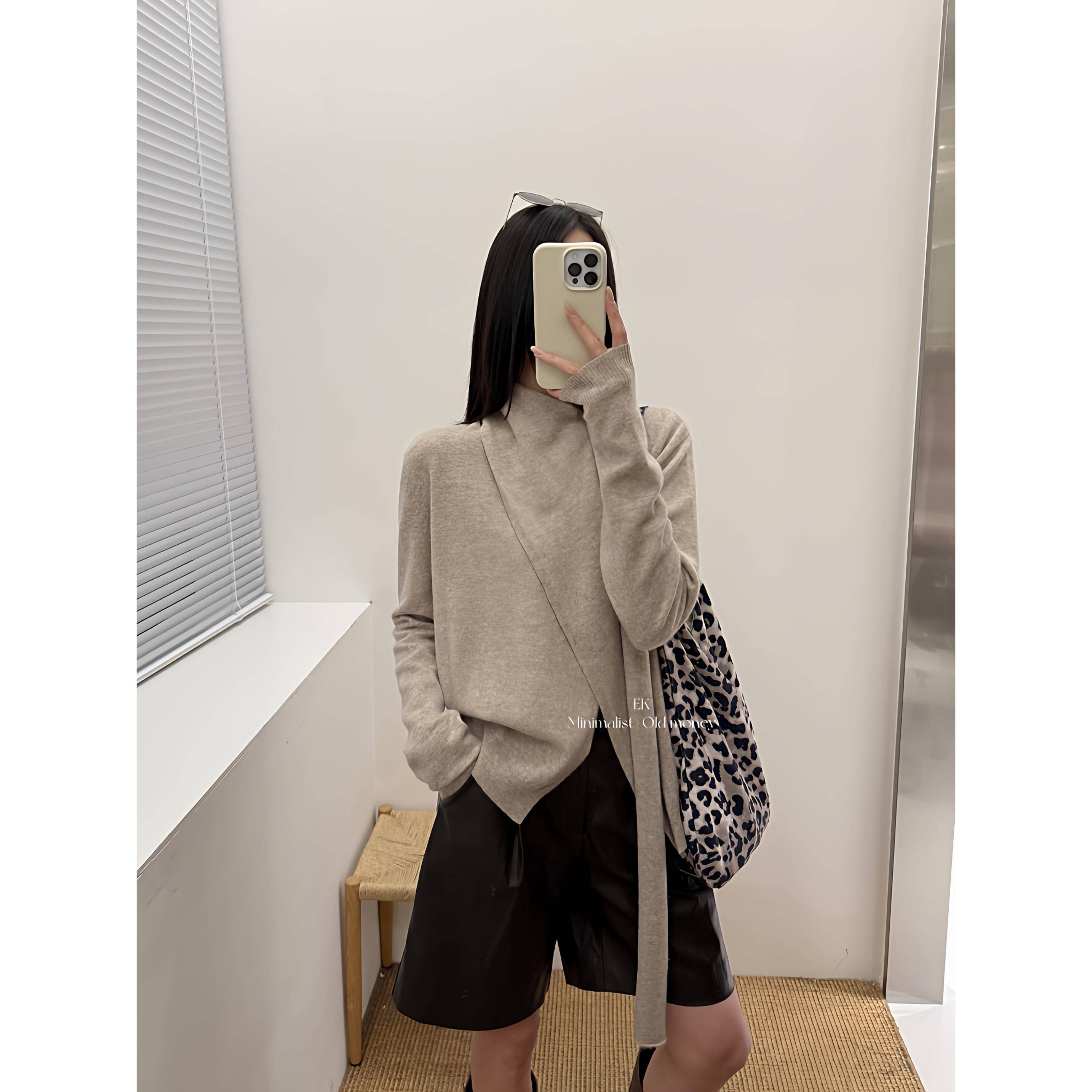 法式懒惰风全羊毛设计感飘带针织衫深秋初冬穿搭随性柔软套头毛衣