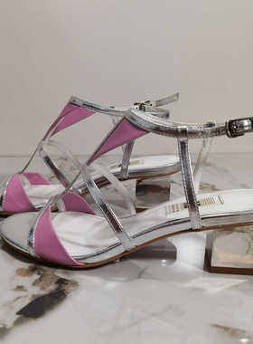 AS断码清仓女士粗跟凉鞋一字带潮高跟鞋银色百搭高跟凉鞋AM60126