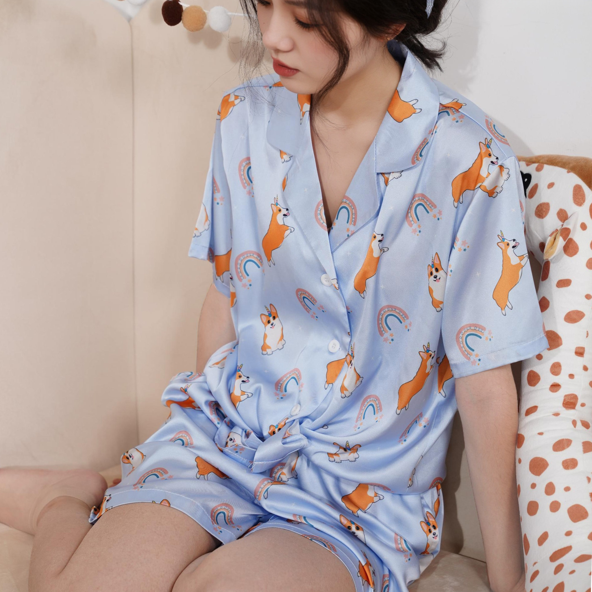 冰雪丝短袖短裤翻领家居服薄款2025新款夏女生短袖套装