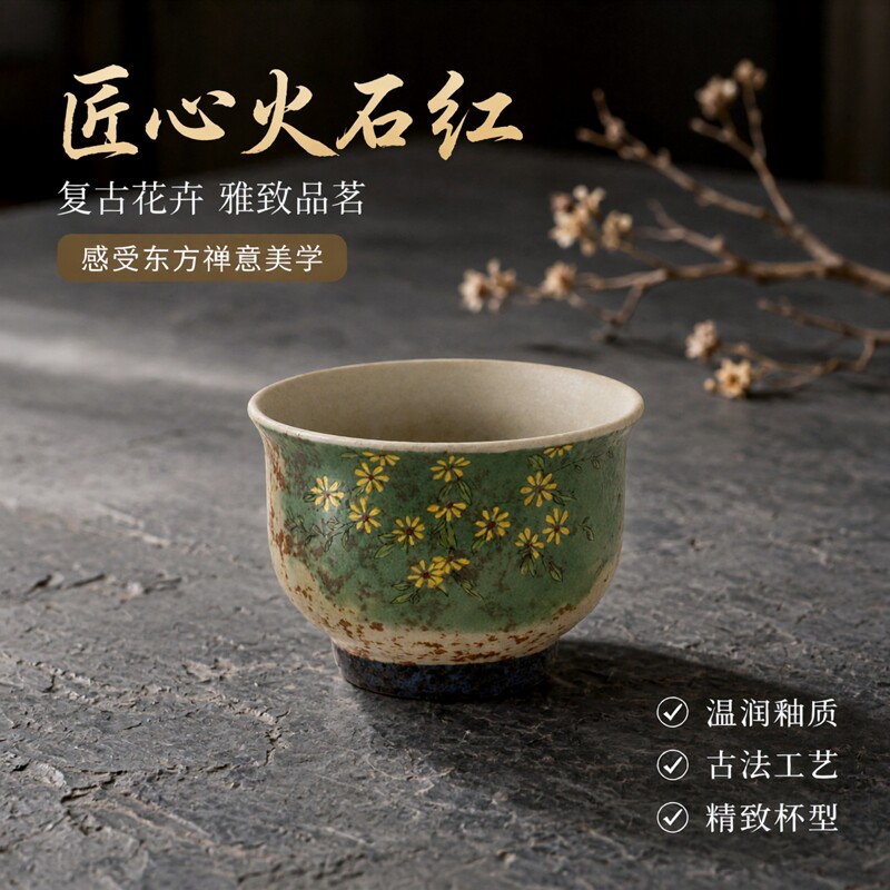 小茶盏雏菊火石红白瓷杯陶瓷家用