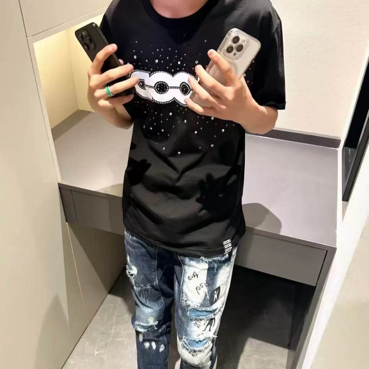 潮牌轻奢2026爆款高级感字母短袖彩色烫钻时尚T恤男女情侣上衣