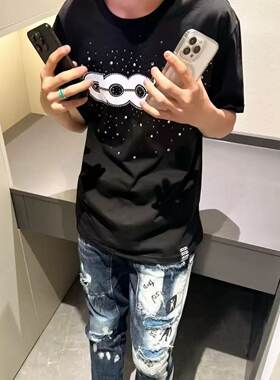 潮牌轻奢彩色烫钻字母短袖T恤