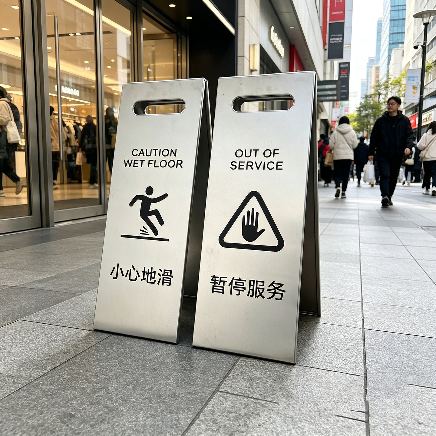 不锈钢a字牌定制小心地滑立牌清洁中提示牌请勿泊车停车牌告示牌