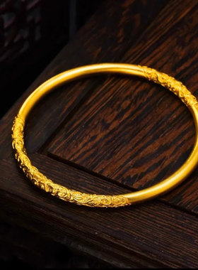 卷草纹手镯古法素圈足银手镯女久不掉色黄金色周家手环