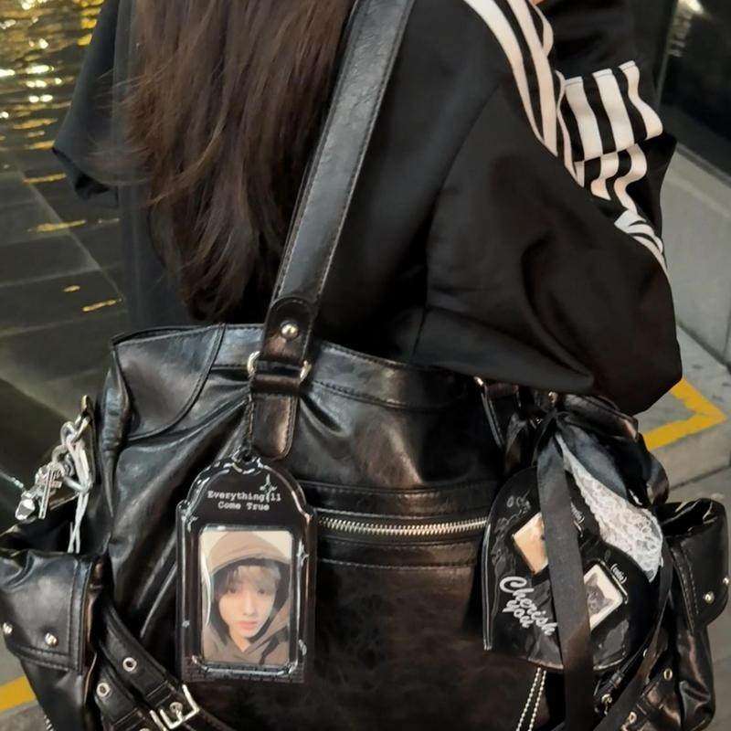 韩国小众机车包黑色复古