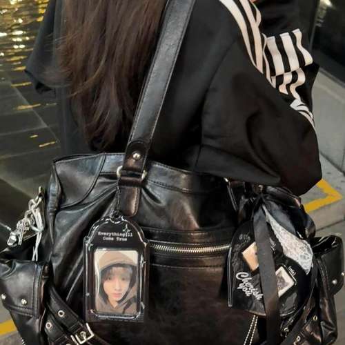 韩国小众机车包黑色复古