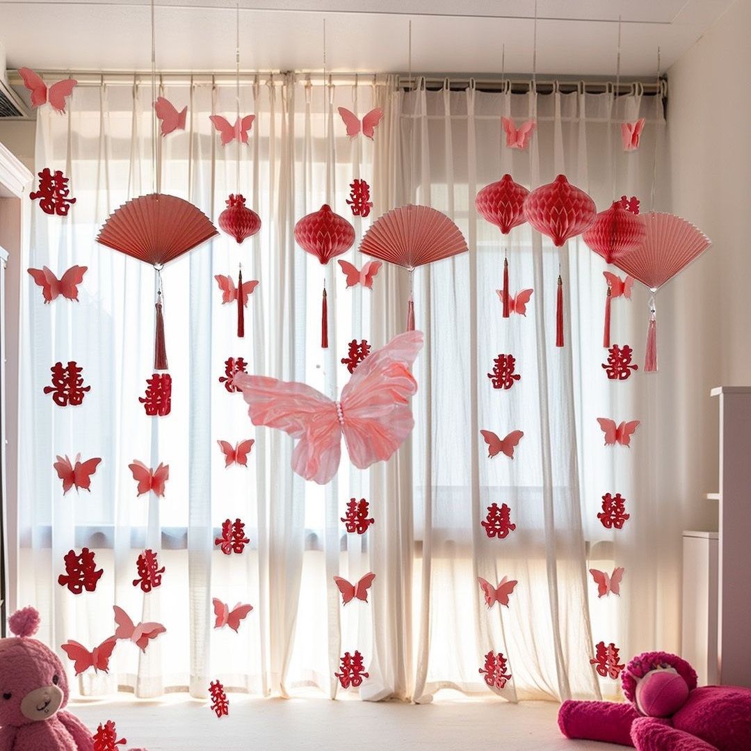婚房布置蝴蝶喜字吊饰窗