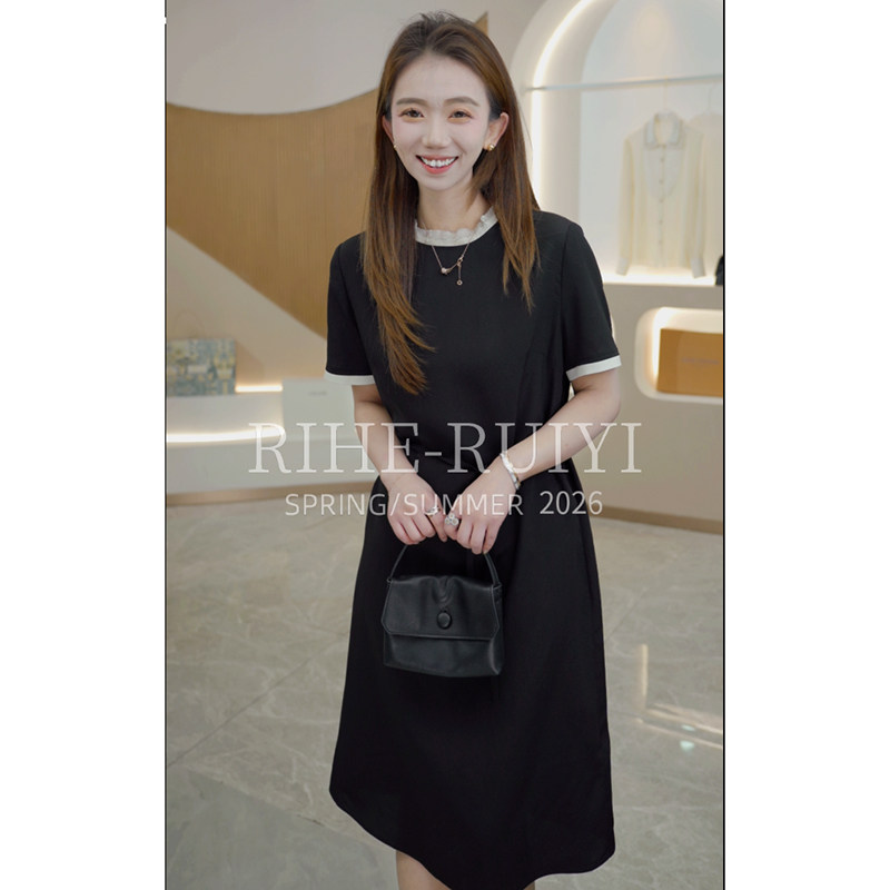 RH【纯色撞色】7721春夏新款复古质感显瘦气质点点提花双绉连衣裙