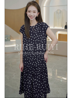 RH【波点小鱼尾】1110春夏新款复古质感显瘦气质珍珠绉盖袖连衣裙