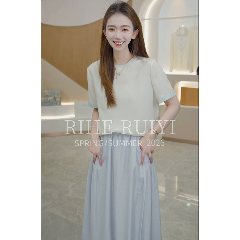 RH【撞色珍珠绉】春夏新款显瘦撞色素色积金珍珠绉桑蚕丝T恤8060