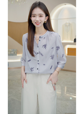 R H 【小清新】春夏新款气质显瘦休闲印花双绉衬衫7077