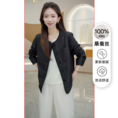 R H 真丝龟纹香云纱短外套2026年新款国风新中式国风桑蚕丝上衣女