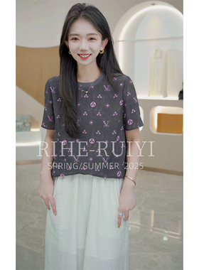 R H 【灰粉印花】S9056-3新款时尚气质显瘦印花桑蚕丝T恤