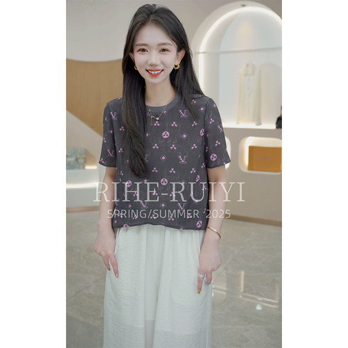 R H 【灰粉印花】S9056-3新款时尚气质显瘦印花桑蚕丝T恤