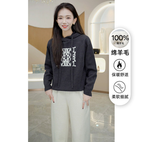 R H 精纺扬子纱针织羊毛衫女2026新款加厚连帽印花打底衫内搭上衣