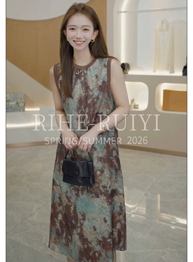 RH【烟雨青黛】RH1191气质宽松复古小香提花双面印桑蚕丝连衣裙