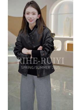 R H 【港风小立领】58272复古质感简约显瘦立领绵羊皮皮衣外套