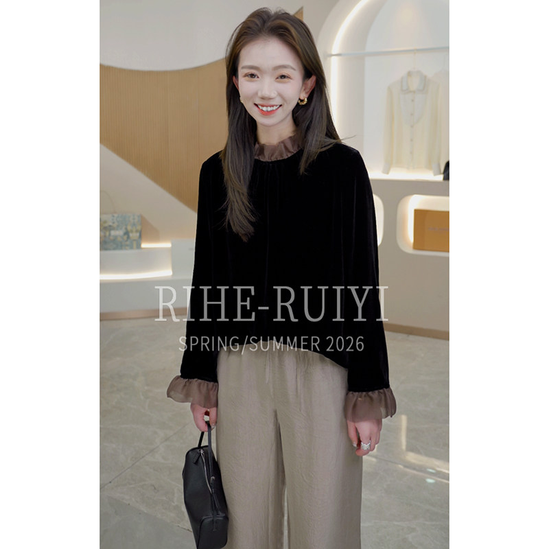 R H【小荷叶】复古质感新款时尚显瘦荷叶边真丝丝绒衬衫RH597,女装/女士精品,衬衫,淘宝优惠券,粉丝福利购,淘宝优惠卷