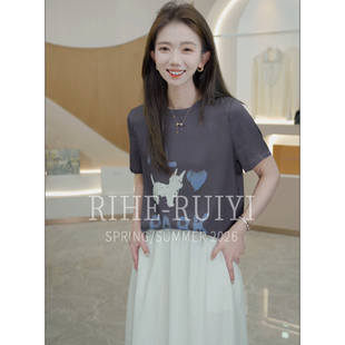 气质显瘦重磅双乔桑蚕丝印花短袖 春夏新款 T恤9010 云朵小狗