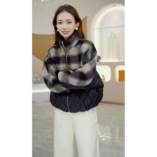 R H 高端90白鸭绒羽绒服2024新款冬季小个子气质羊毛拼接短款外套