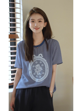 RH【玫瑰花镜】1121春夏新款显瘦趣味撞色印花珍珠绉桑蚕丝T恤