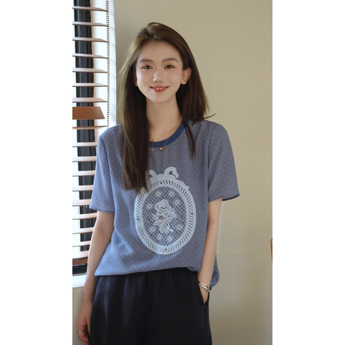 RH【玫瑰花镜】1121春夏新款显瘦趣味撞色印花珍珠绉桑蚕丝T恤