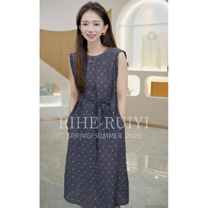 R H 【波点小蝴蝶】7190新款时尚气质显瘦印花珍珠绉连衣裙