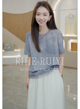 RH【砂洗小牛仔】RH729春夏新款气质显瘦桑蚕丝镂空直条短袖T恤