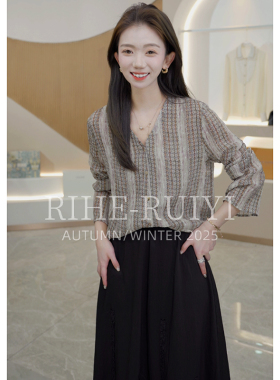 R H 【间雪绉】春夏新款复古港风V领小格桑蚕丝长袖衬衫RH585