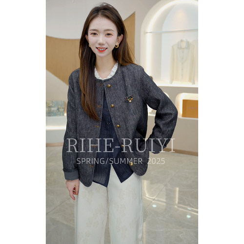 R H【牛仔亚麻】7253复古金扣新款气质宽松显瘦钉珠口袋外套