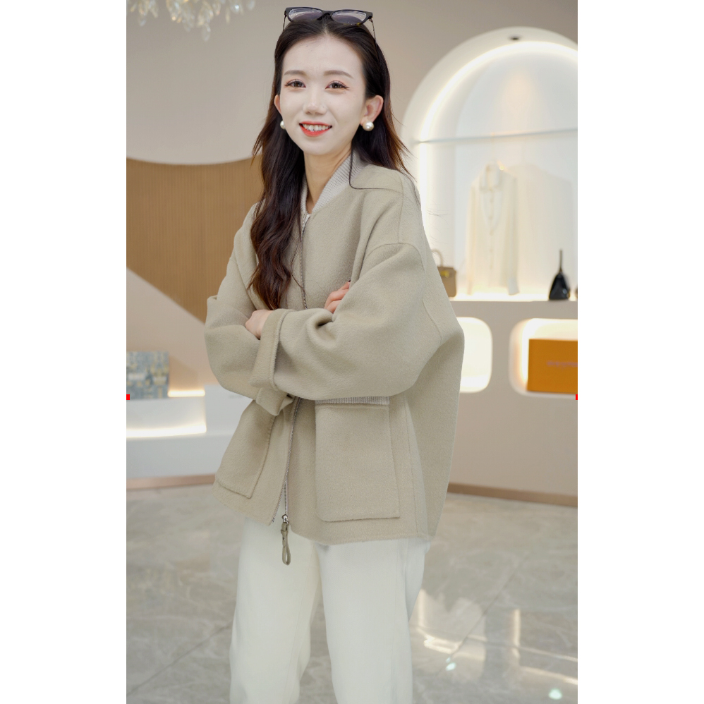 R H 高端双面羊绒大衣女2024新款冬季短款100%纯绵羊毛小个子外套