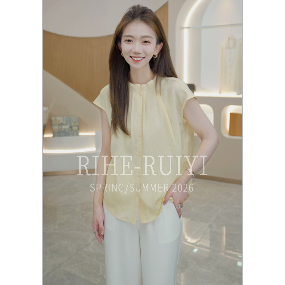 RH【花瓣领横条绉】RH773春夏新款气质显瘦纯色肌理感桑蚕丝衬衫