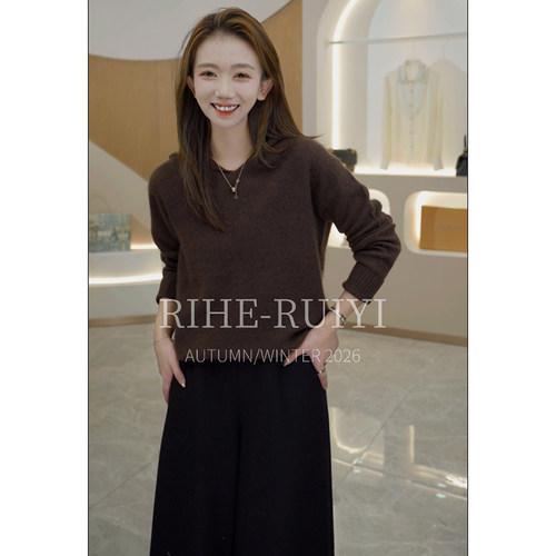RH【绒耀】复古质感休闲丝羊绒羊毛混纺小V领套头长袖毛衣BY2642
