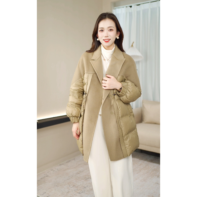 R H 【氛围感】复古高端时尚羊毛拼接羽绒服翻领冬季设计师款2350